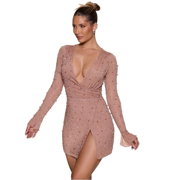 OH POLLY Chelsea Embellished Wrap Over A-Line Mini Dress Beige Pearl Sz 6 Party - Picture 1 of 12